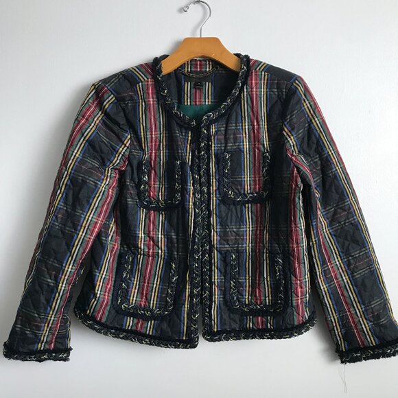 J Crew Quilted Lady Jacket Plaid Madras Stripe Navy Womens 10 - Picture 1 of 10